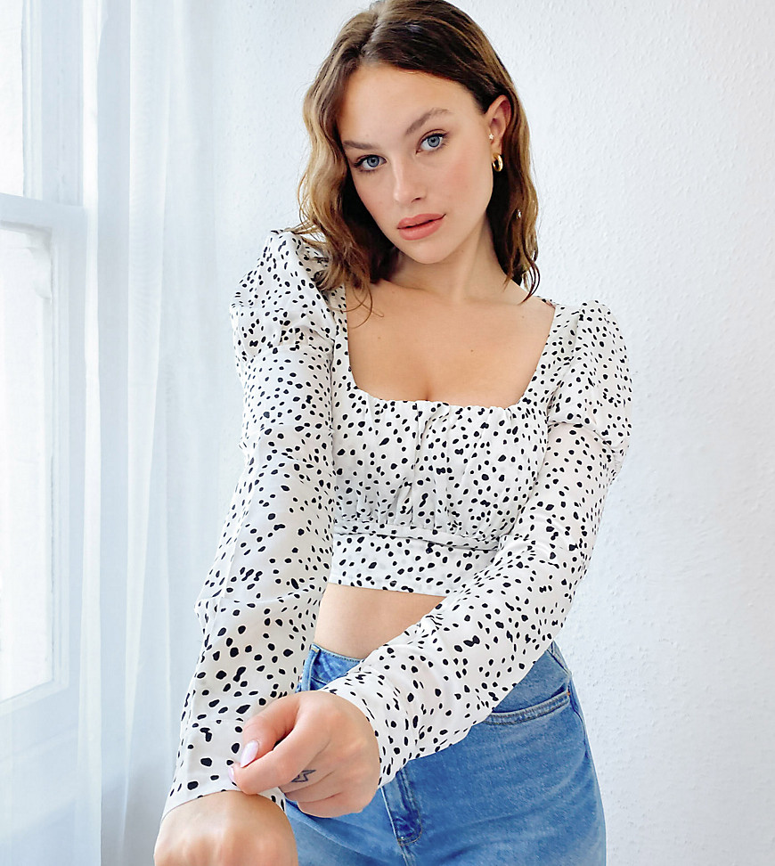 Missguided Tall milkmaid crop top with long sleeve in white polkadot