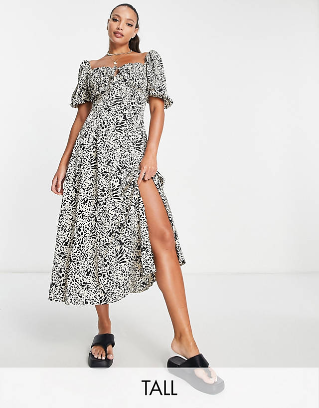 Missguided Tall - milkmaid midaxi dress with puff sleeve in animal print