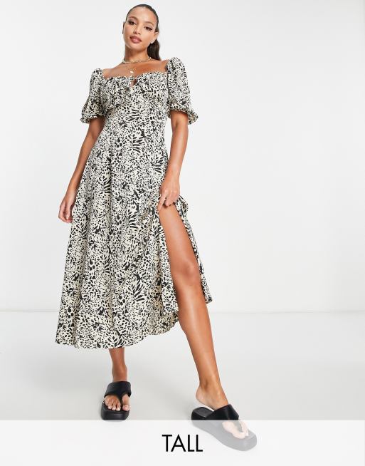 Missguided Tall milkmaid midaxi dress with puff sleeve in animal print