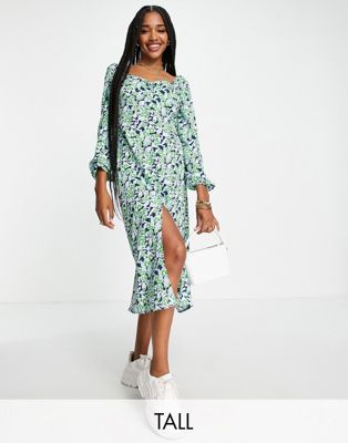 Missguided Tall milkmaid midi dress with long sleeve in floral