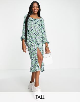 Missguided Tall milkmaid midi dress with long sleeve in floral-Multi