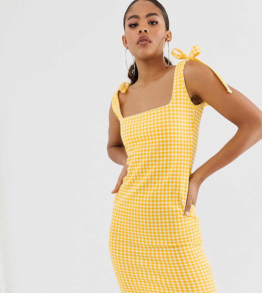 Missguided Tall - Mini-jurk met gestrikte schouders in geel met gingham-ruit