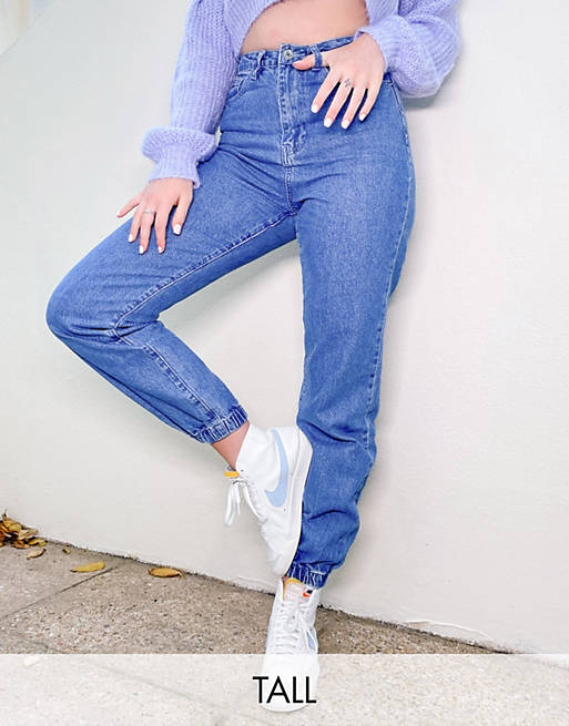 Missguided Tall mom jean with jogger cuff in blue