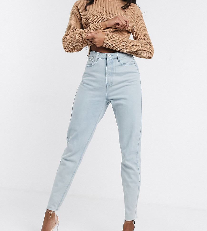 Missguided Tall mom jeans with raw hem in light wash blue-Blues