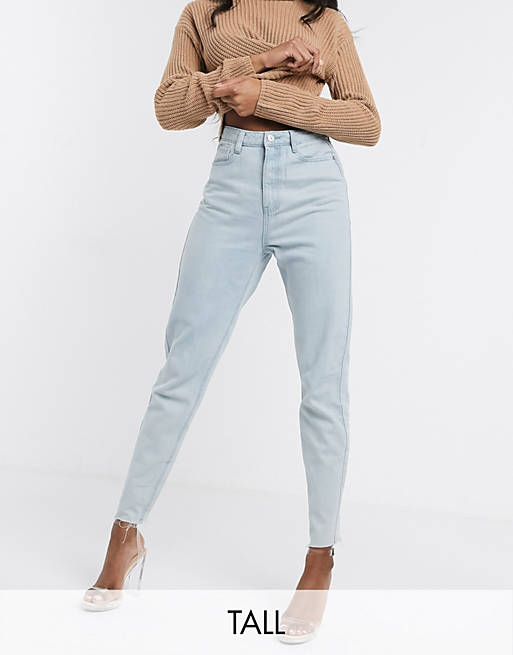 Missguided Tall mom jeans with raw hem in light wash blue