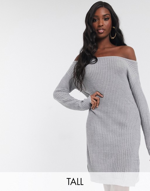 Missguided Tall off shoulder jumper dress in grey