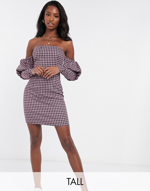 Missguided Tall off shoulder puff sleeve dress in check