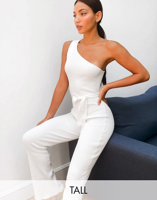 Missguided Tall one shoulder belted jumpsuit in white