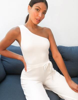 one shoulder belted jumpsuit