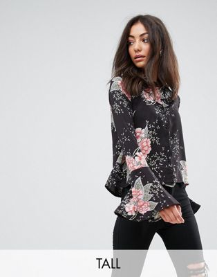 Missguided Tall - Overhemd met uitlopende mouwen en bloemenprint-Zwart