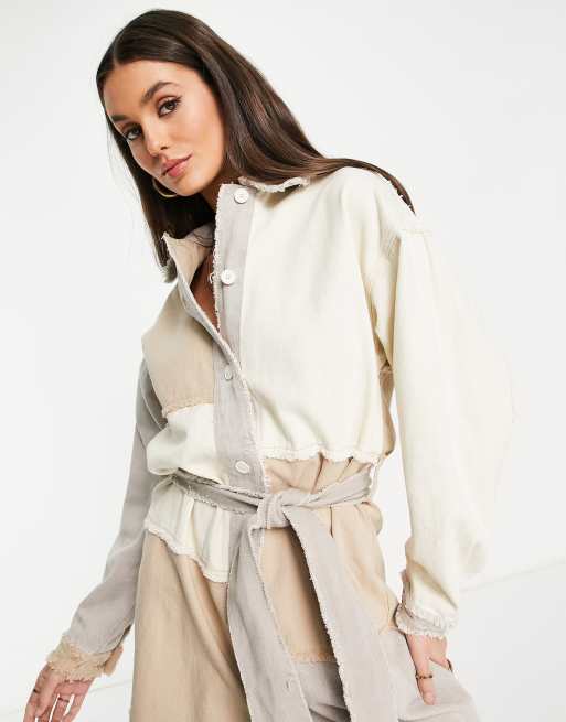 Missguided Tall - Overhemdjurk met patchwork en ceintuur in stone, 4 van 4