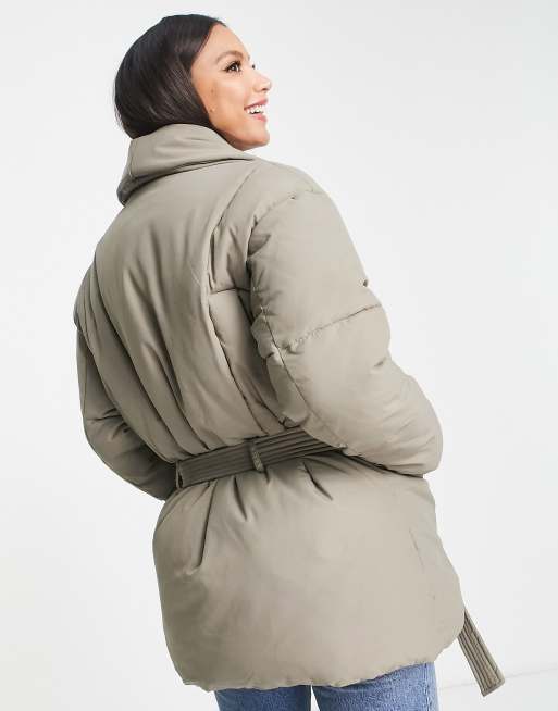 Missguided Tall oversized belted puffer jacket in mink