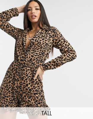 Missguided Tall playsuit with frill detail in leopard print-Multi