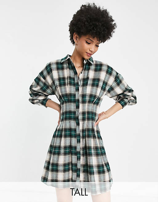 Missguided Tall pleated waist shirt dress in check | ASOS