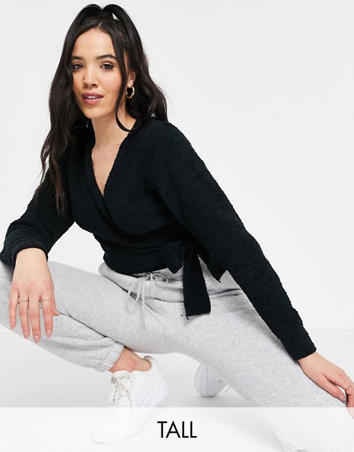 Missguided Tall popcorn knit wrap front cardigan in black