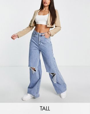 Missguided Tall knee rip wide leg jean in blue - MBLUE