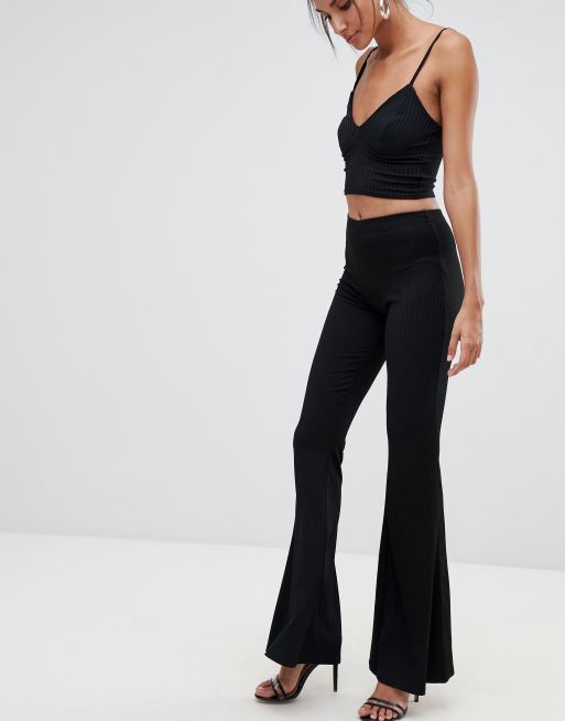 Trousers, Tall Black Ribbed Kick Flare Trousers