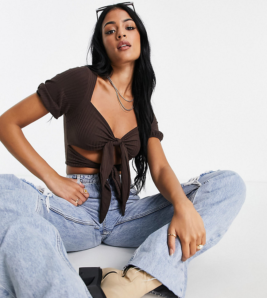 Missguided Tall ribbed knot front crop top in brown