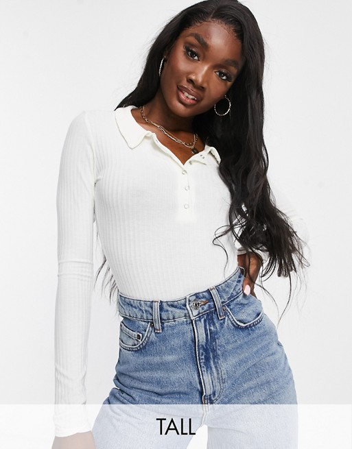 Missguided Tall ribbed long sleeve bodysuit with collar in white