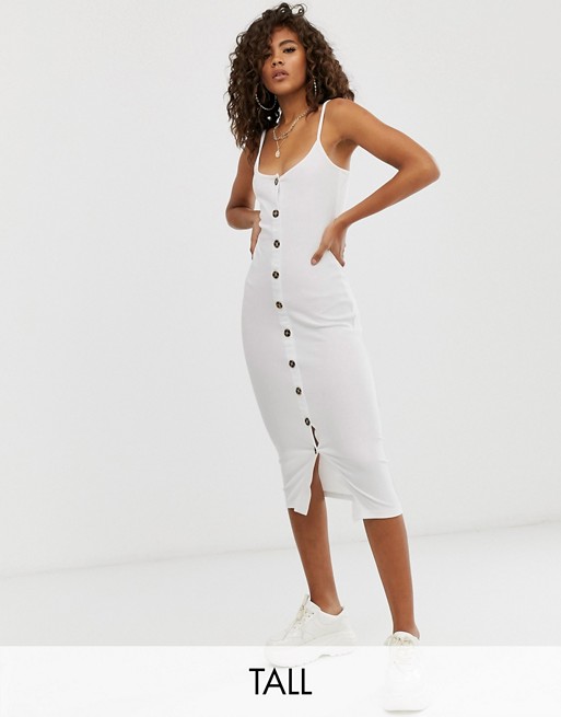 Missguided Tall ribbed midi dress with button through detail in white