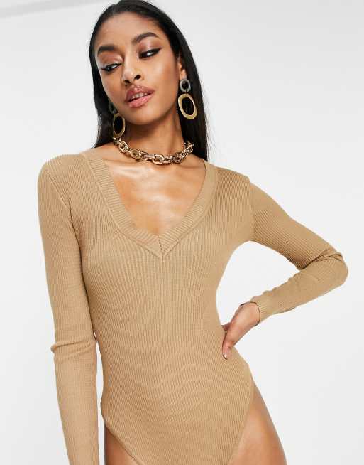 Missguided Tall - Ribstrikket bodystocking i gyldenbrun med V-hals, 3 af 4