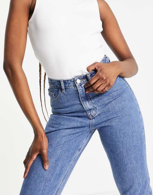 Missguided Tall - Riot - Blå ensfarvede højtaljede stive mom-jeans, 3 af 4