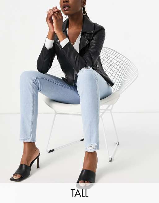 Missguided Tall Riot mom jean with distressed knee in blue