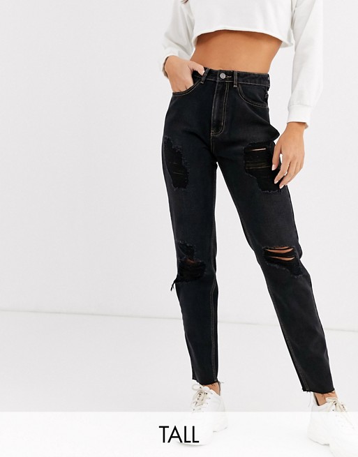 Missguided Tall mom jeans with rips in black
