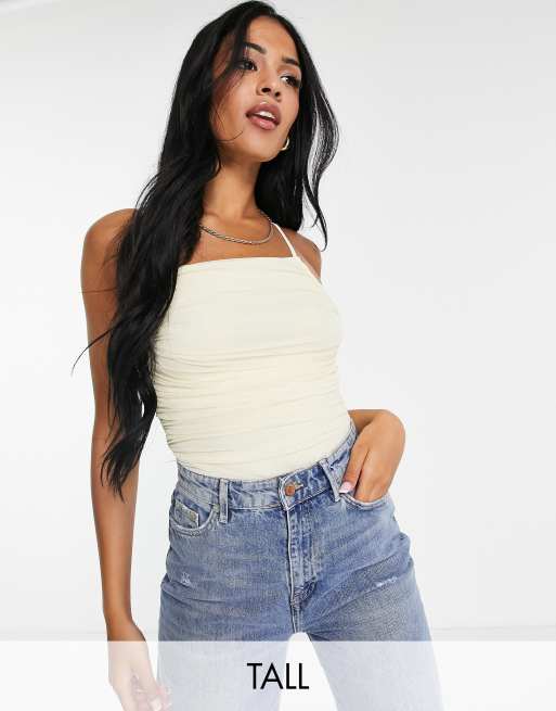Missguided Tall - Rynket bodystocking med stropper i sandfarvet mesh