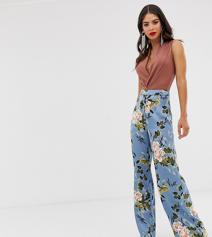 Missguided Tall - Satijnen broek met wijde pijpen en bloemenprint-Multi