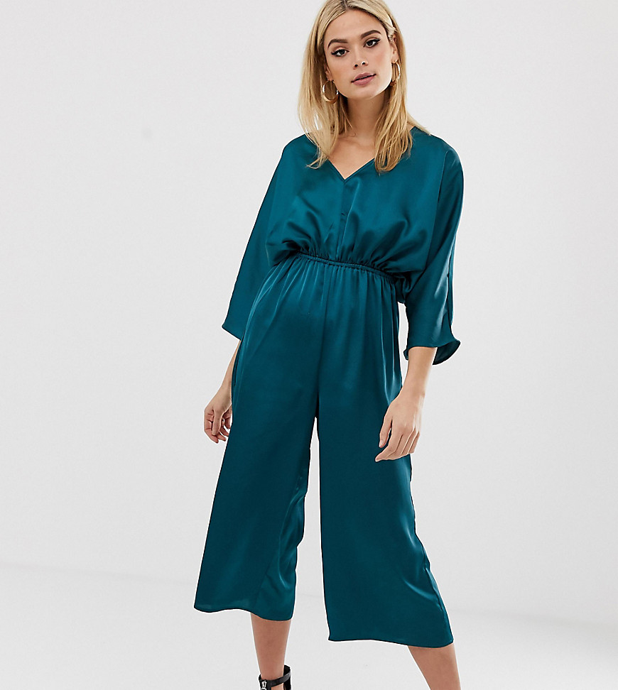 Missguided Tall - Satijnen culotte-jumpsuit met gerimpelde taille in blauwgroen
