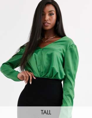 Missguided Tall satin bodysuit in green