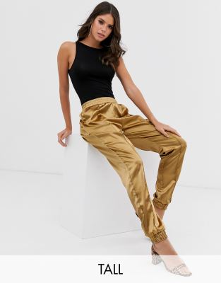 Missguided Tall satin cuffed trousers in olive-Green