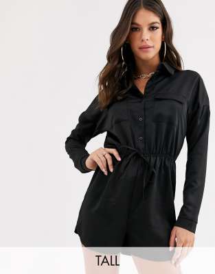 Missguided Tall satin drawstring playsuit in black