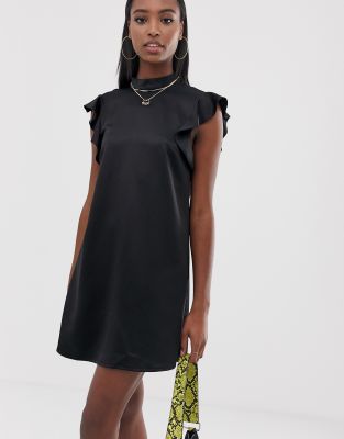 Missguided Tall satin frill dress in black