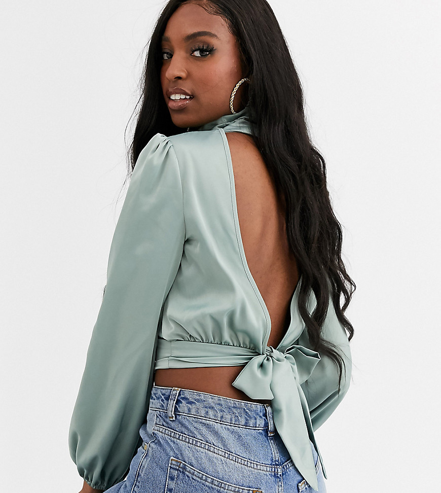Missguided Tall satin high neck crop top with ruched sleeves-Green
