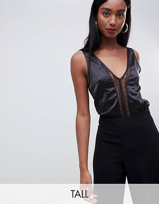 Missguided Tall satin lace insert body in black | ASOS