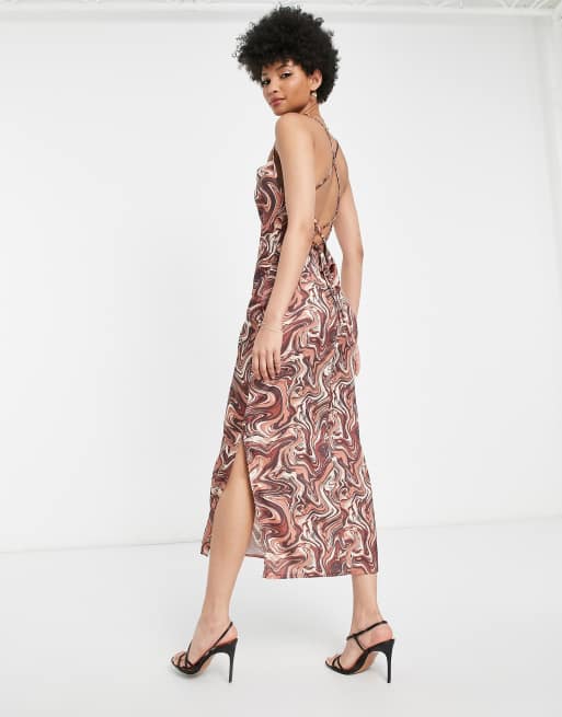 Missguided Tall satin midi dress with cowl neck in brown marble