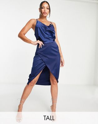 Missguided Tall satin midi dress with cowl neck in navy - ASOS Price Checker