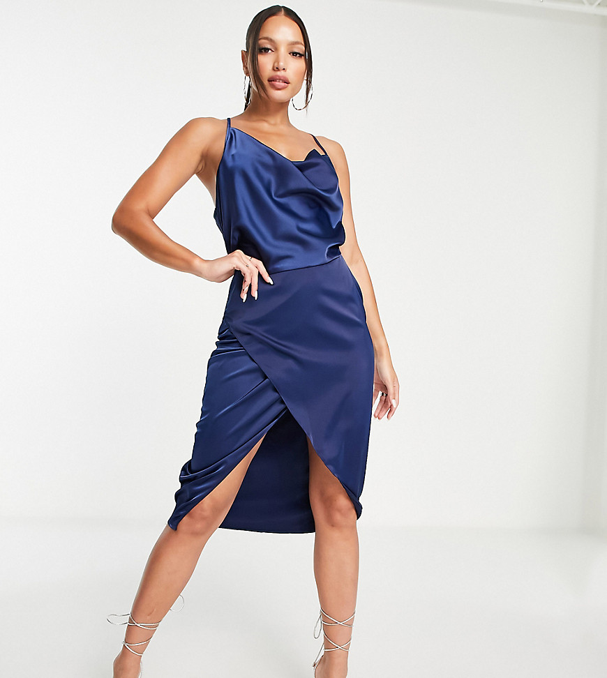 Missguided Tall satin midi dress with cowl neck in navy
