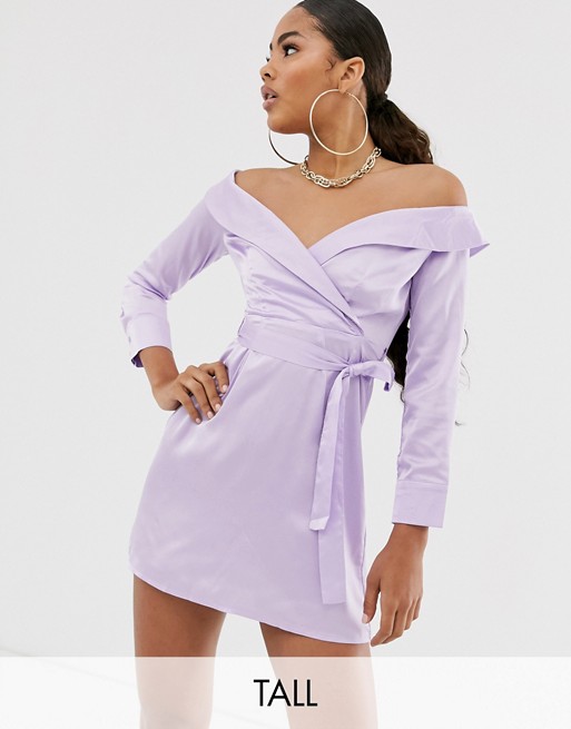 Missguided Tall satin off the shoulder dress in lilac