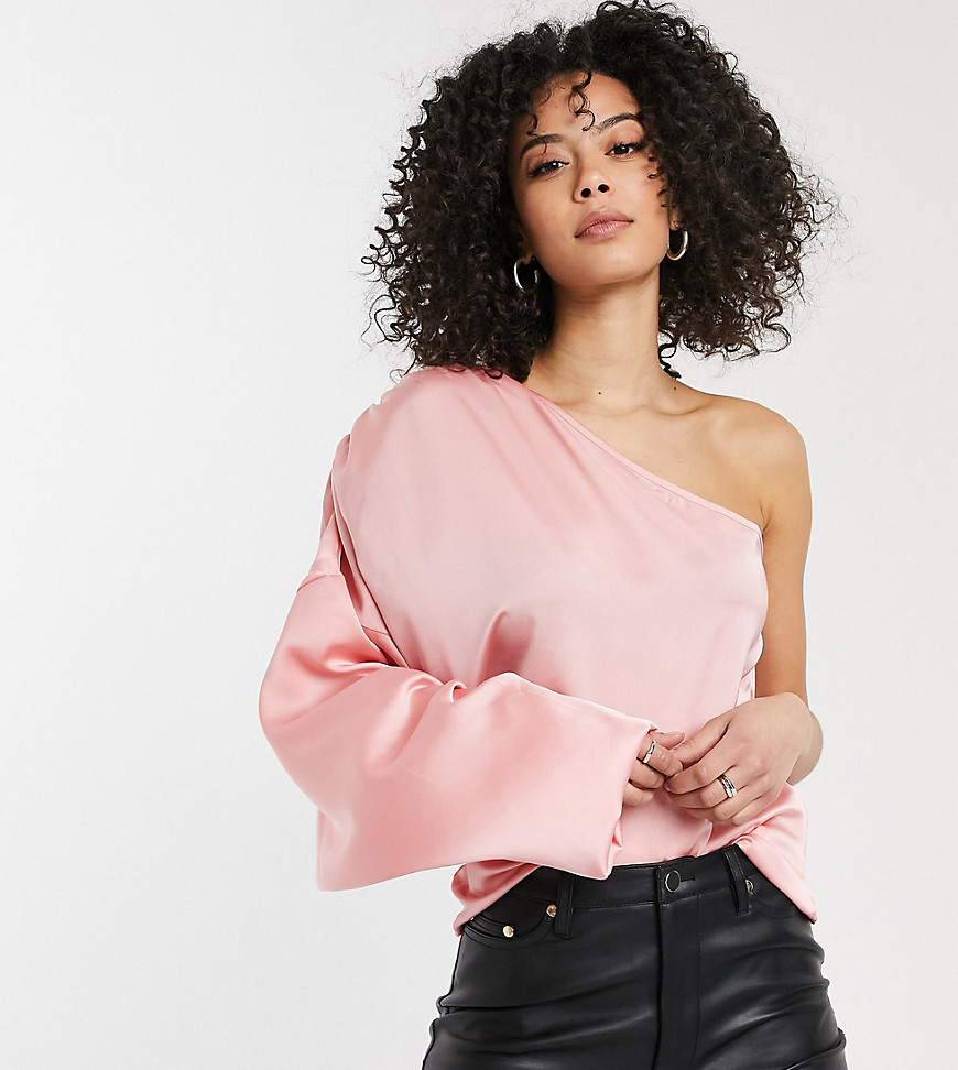 Missguided Tall satin one shoulder blouse with balloon sleeve in blush-Pink