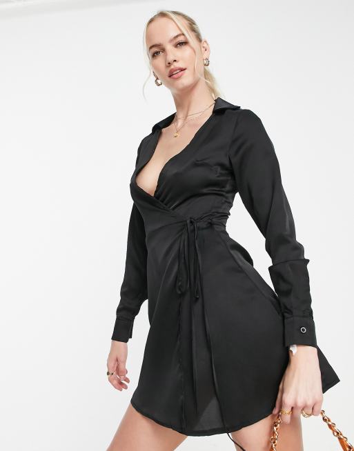 Missguided Tall satin tie side shirt mini dress in black