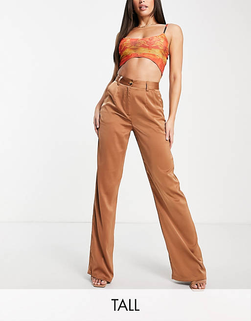 Missguided Tall satin wide leg pants in brown