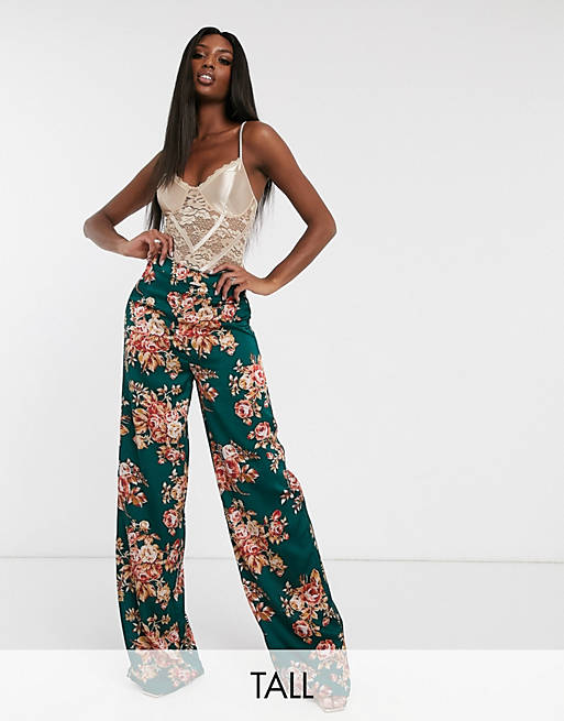Missguided Tall satin wide leg pants in teal floral | ASOS