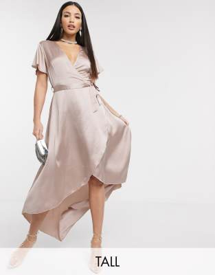 Missguided Tall satin wrap midi dress in blush-Pink