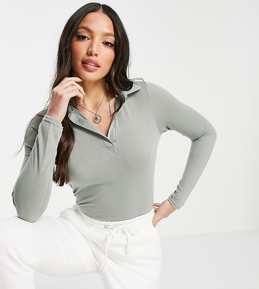 Missguided Tall semi sheer polo shirt with long sleeve in gray-Grey