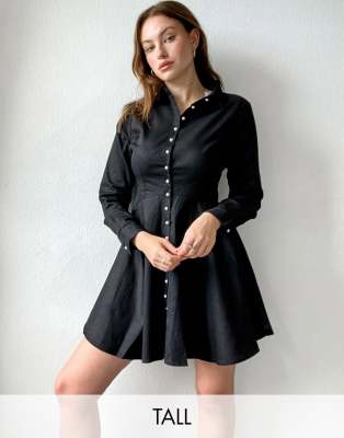 Missguided Tall shirt dress with pearl button detail in black