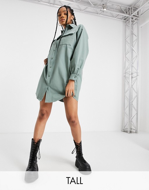 Missguided Tall shirt dress with quilted pocket in khaki
