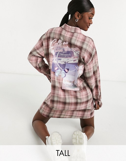 Missguided Tall shirt with pocket graphic in pink check